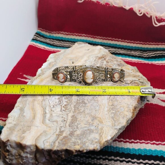 Antique Victorian 800 Silver Filigree Mother of Pearl MOP Cameo Bracelet - Picture 10 of 13